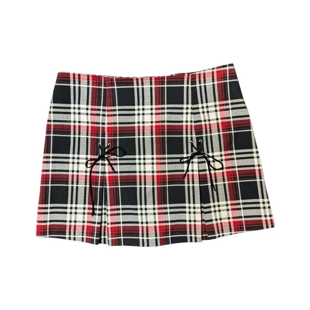 Y2K My Michelle Plaid Red, White + Black Plaid Lace-up Bow Mini Skirt Size 12